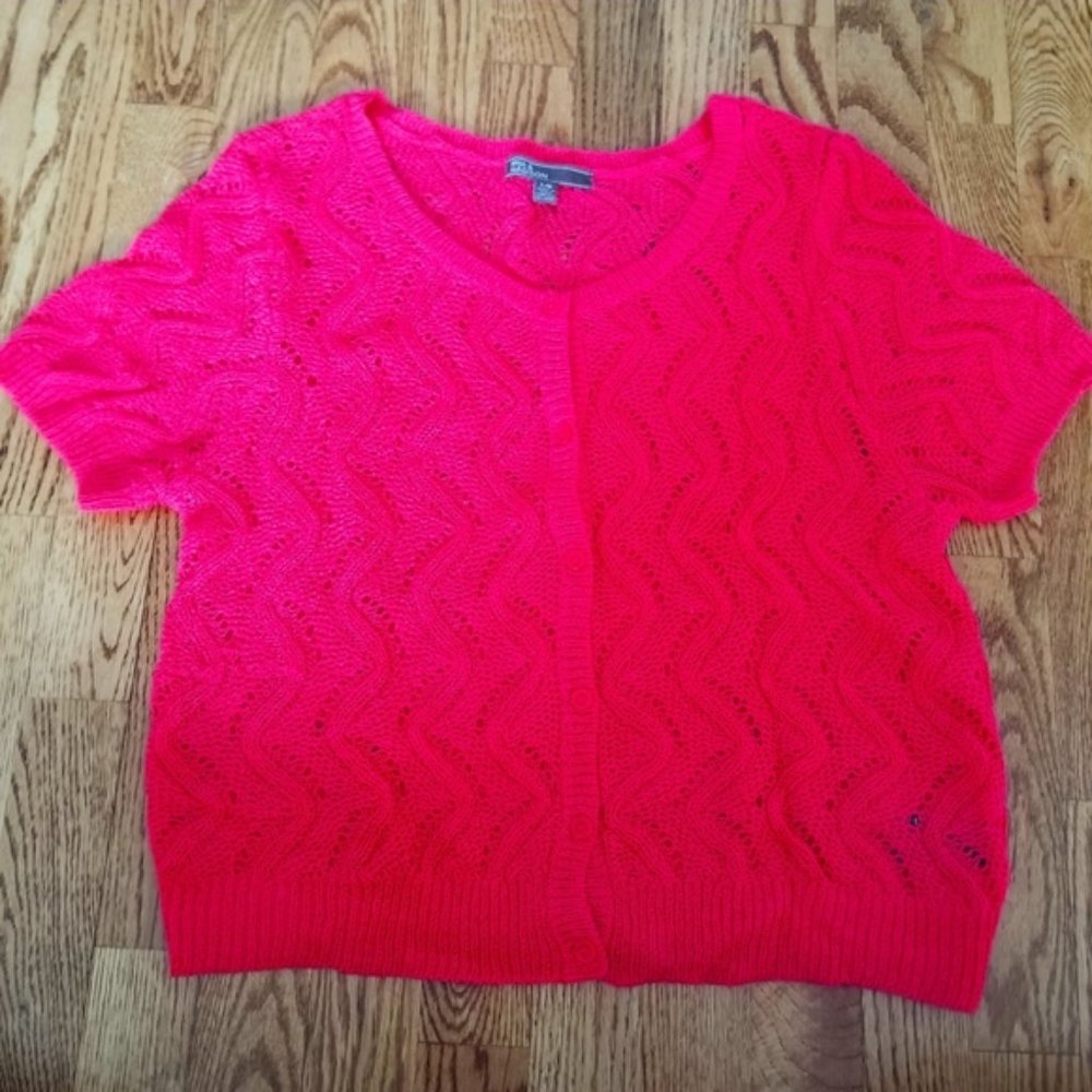 (L) 89th & Madison Short Sleeve Button Down Cardigan Crochet Knit Soft Feminine